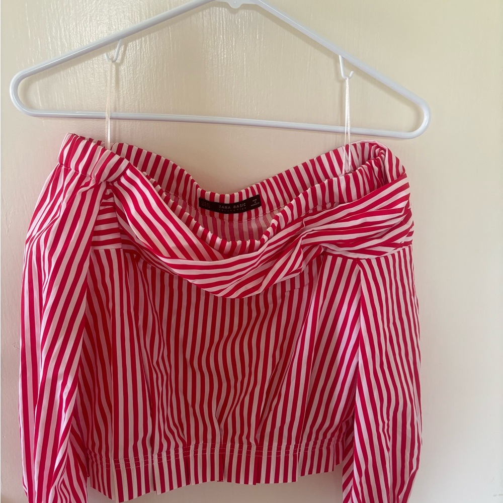 Zara Red and White Striped Off-Shoulder Blouse